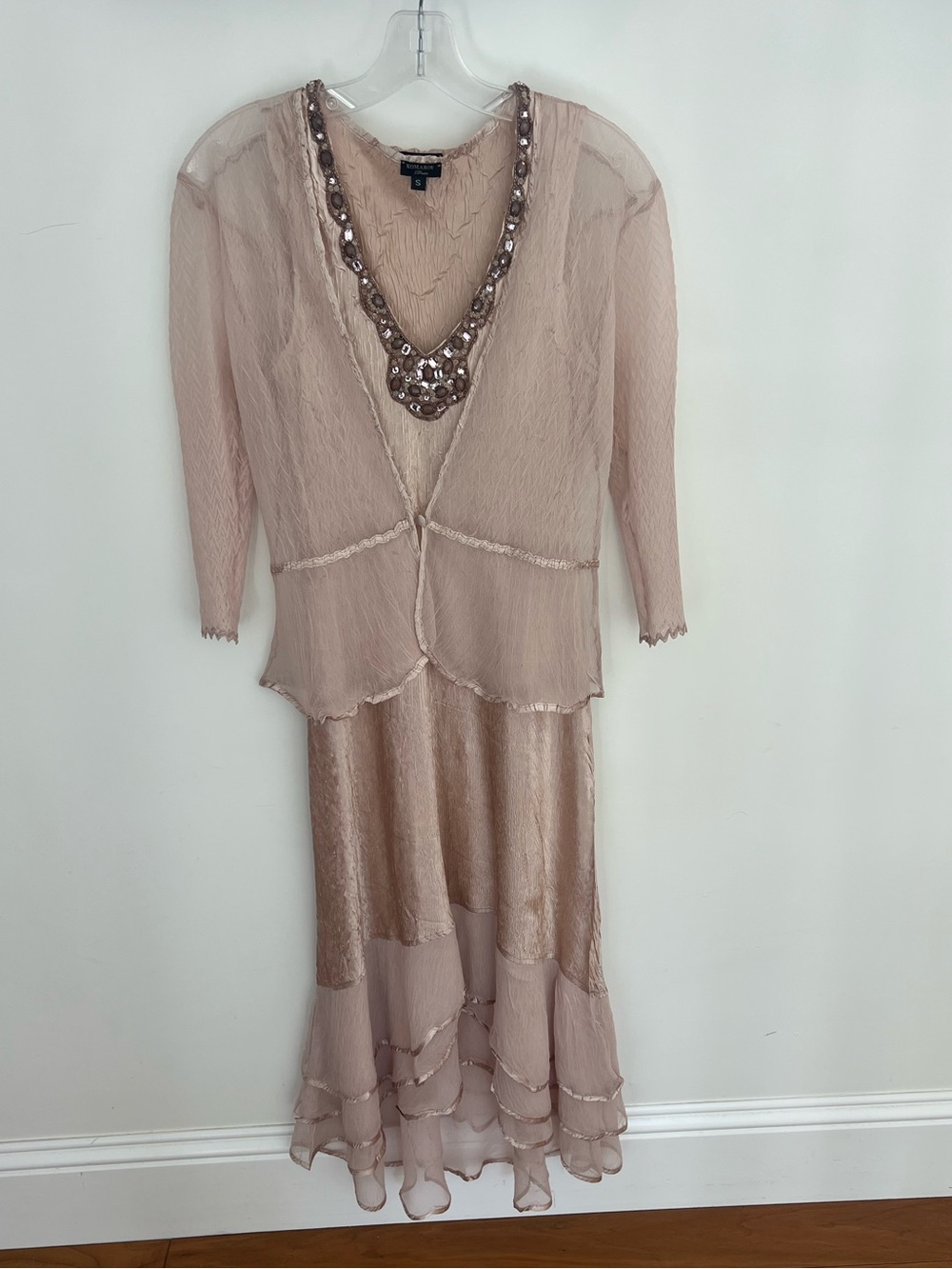 Komarov Beaded Detail Pleated Satin/Chiffon Dress with Jacket Size Small